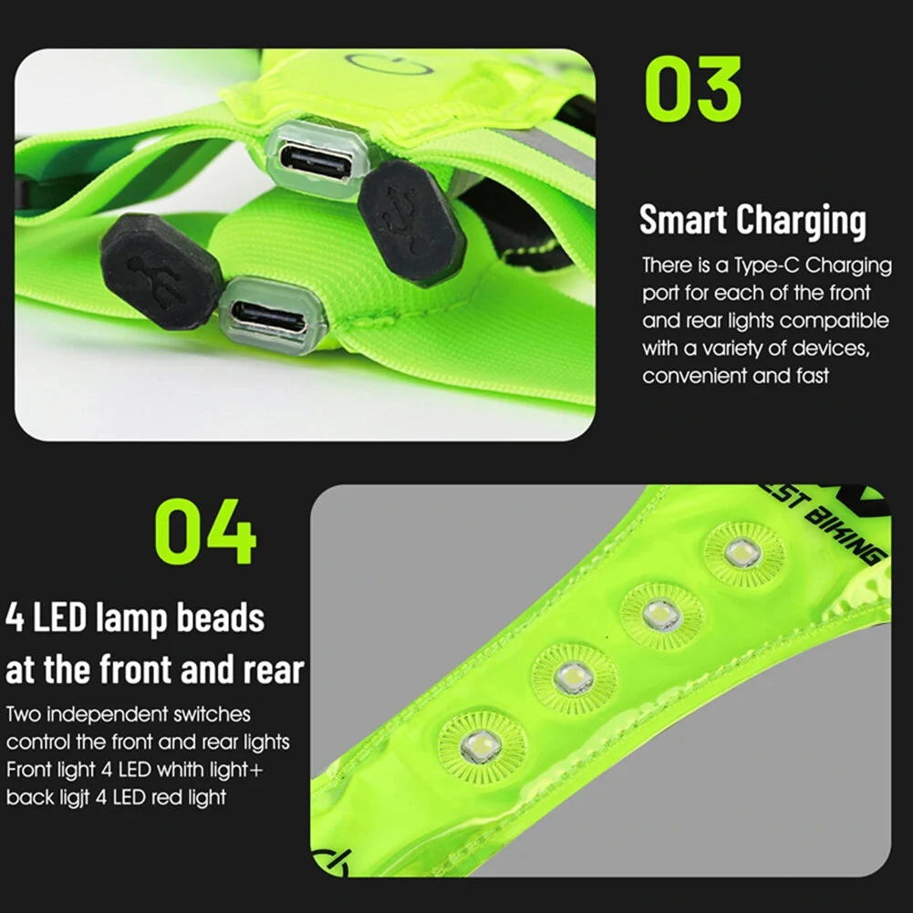 (image for) WEST BIKING Night Cycling Clothing 4 LED Beads Type-C Rechargeable Adjustment Running Light Reflective Sports Vest for Safe Warning Riding
